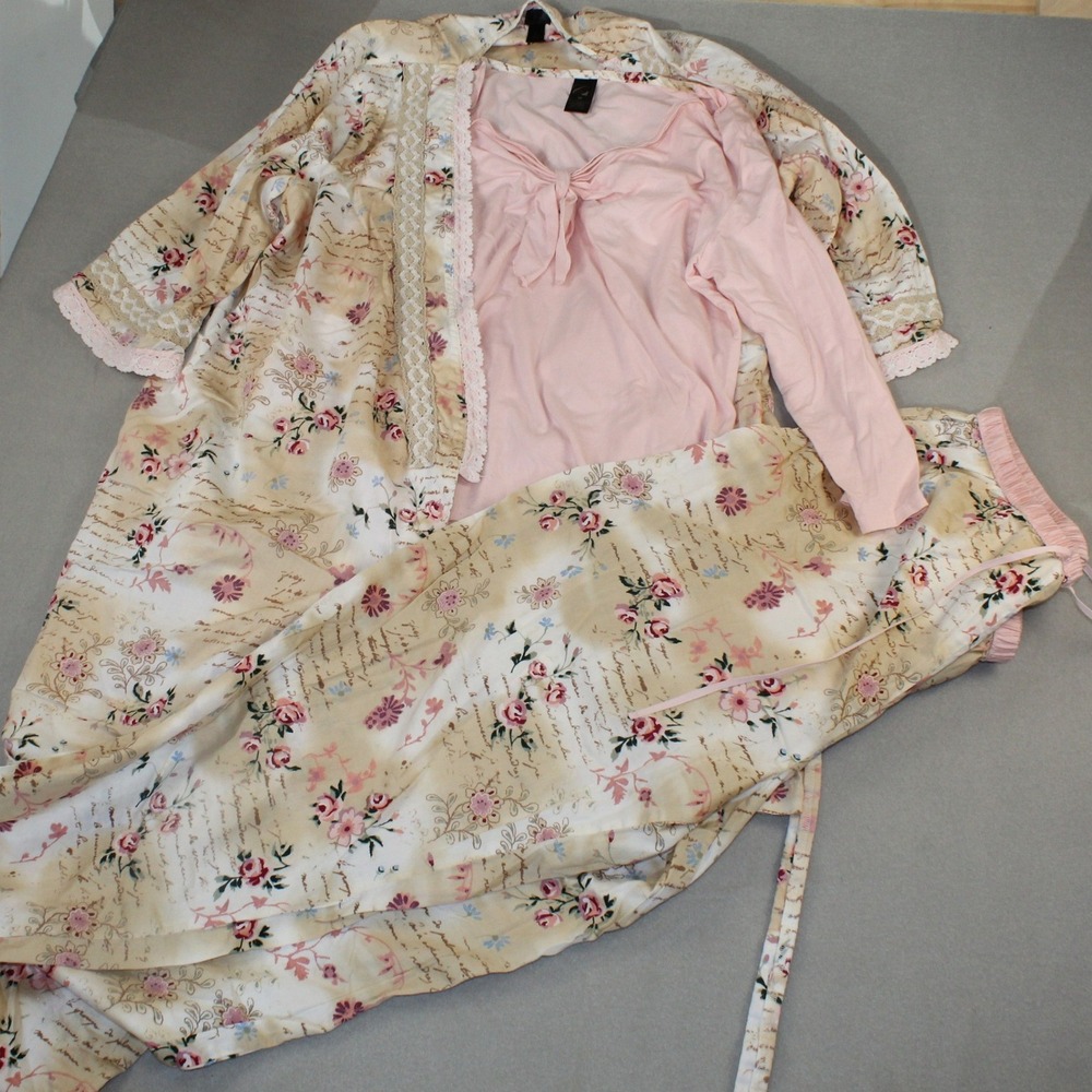 Cabernet Pajama Set 3 Piece Robe Top Bottom Floral Script Pink Cream Medium M